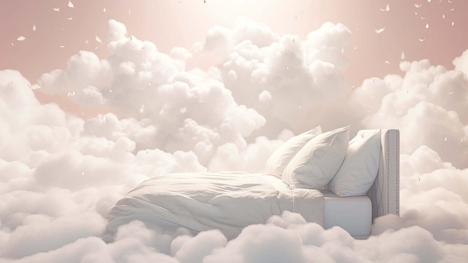 mehrere Daunenkissen auf einem Bett in den Wolken